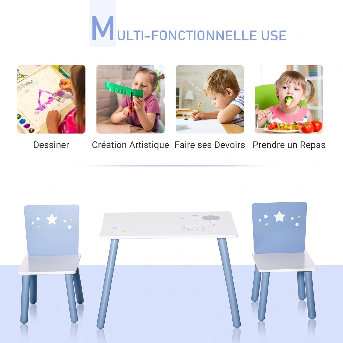 Table enfant avec chaise, ensemble table et 2 chaises en bois pour dessiner, jouer, étudier, bleu-3