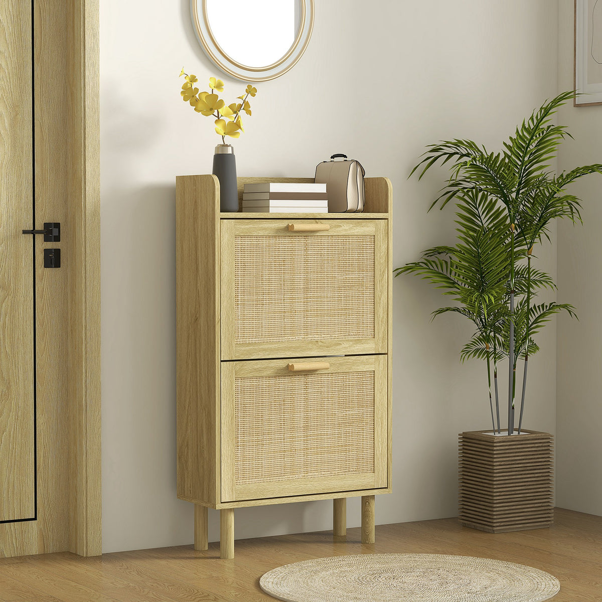 Meuble à chaussures 2 portes abattants étagère effet rotin tissé design bohème - dim. 80L x 24,5l x 110H cm-9