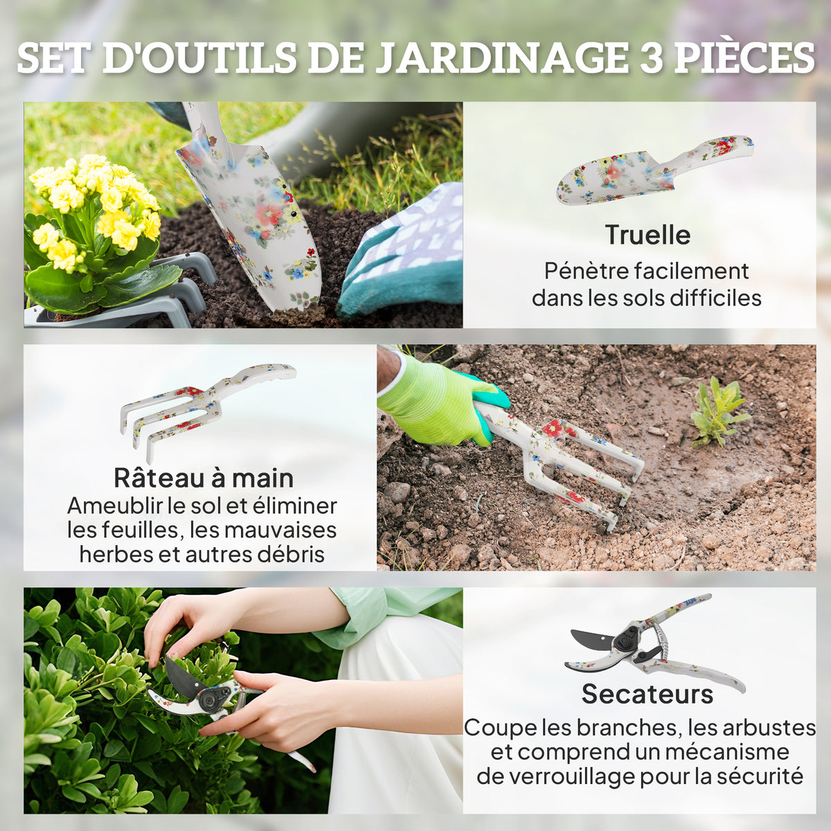 Ensemble d'outils de jardinage 3 pièces en aluminium avec sécateur, truelle de jardin, râteau à main, idéal pour taille-3