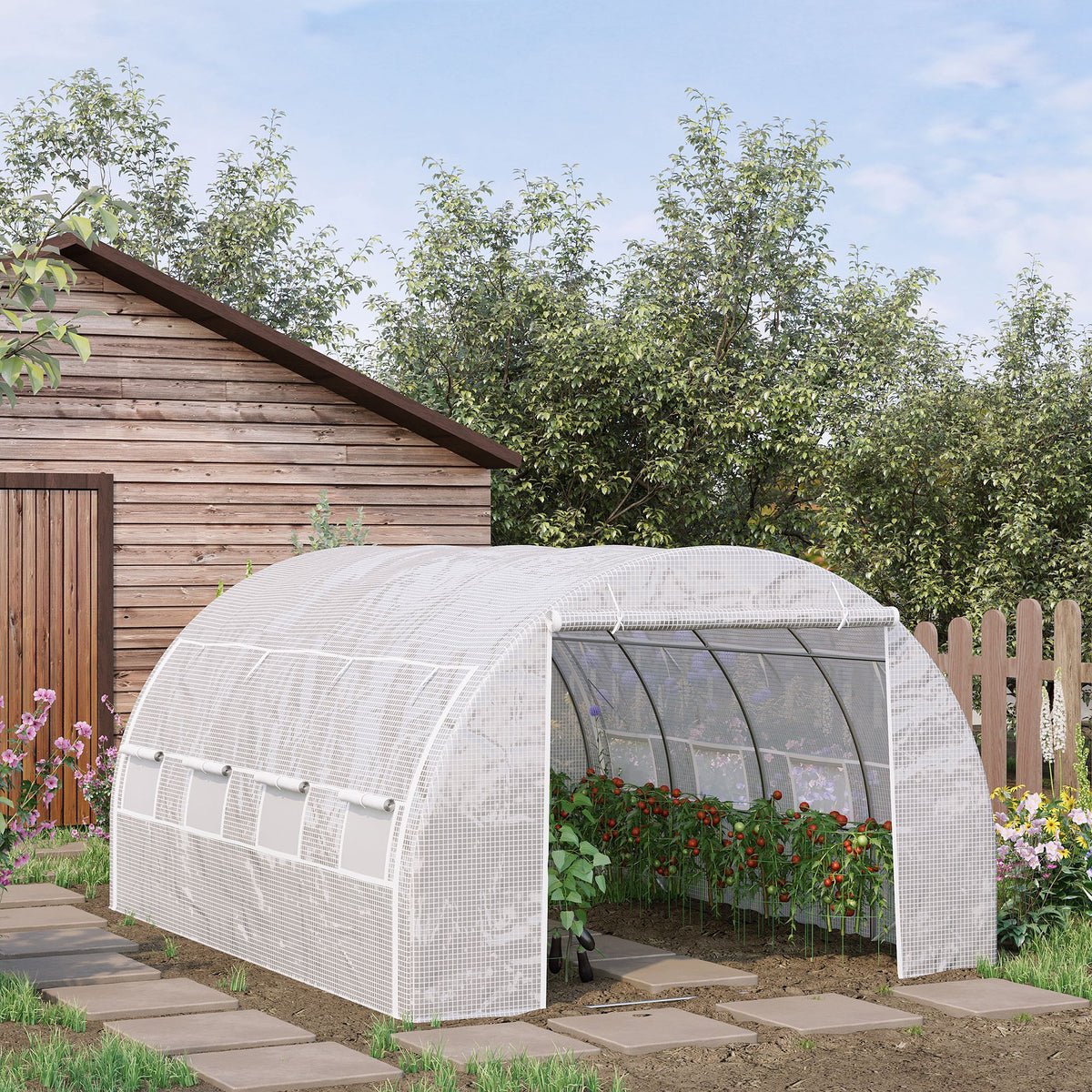 Serre de jardin serre tunnel 12 m² avec porte, parois latérales enroulables 8 fenêtres acier PE  4 x 3 x 2 m blanc-9