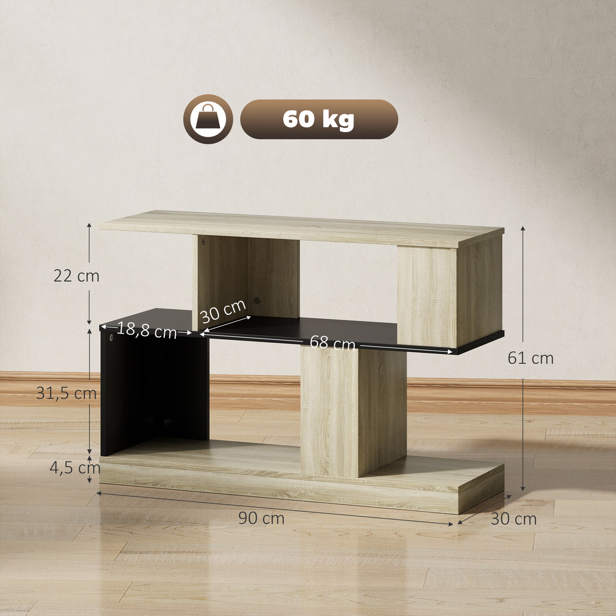 Table d'appoint en forme S, bout de canapé à 3 niveaux étagères de rangement, 90 x 30 x 61 cm, effet bois naturel noir-2