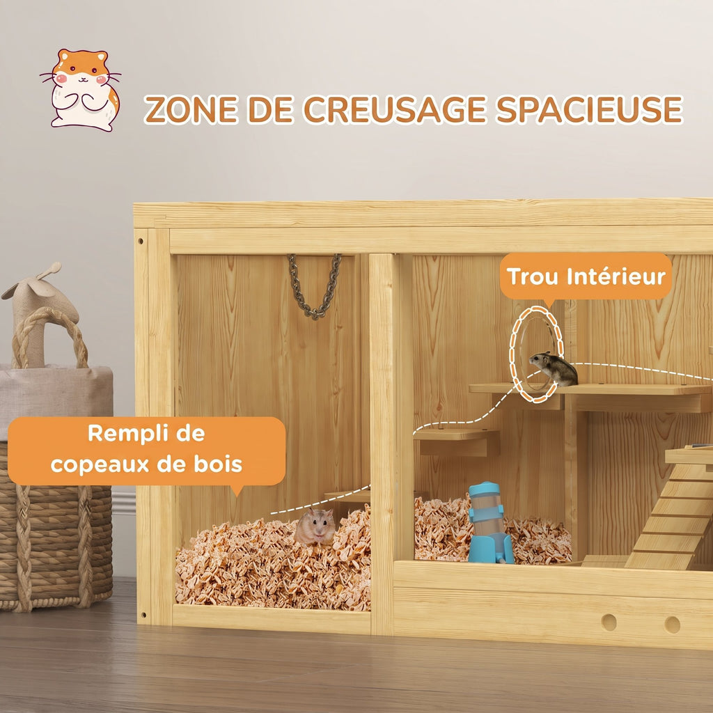 Cage Hamster Habitat pour Rongeurs Souris Plusieurs Niveaux Plateformes Échelle Balançoires 100 x 50 x 50 cm Naturel-5