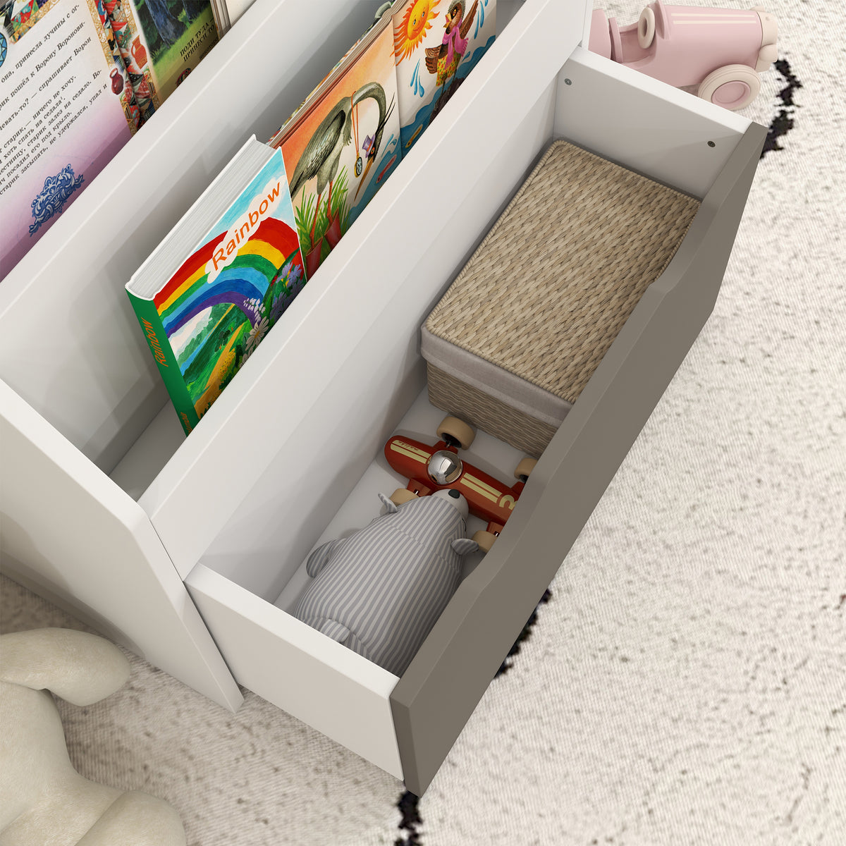 Bibliothèque pour enfants Multi-Rangement avec 3 niveaux d'étagères et un tiroir, 62,5L x 30l x 70H cm, gris et blanc-7