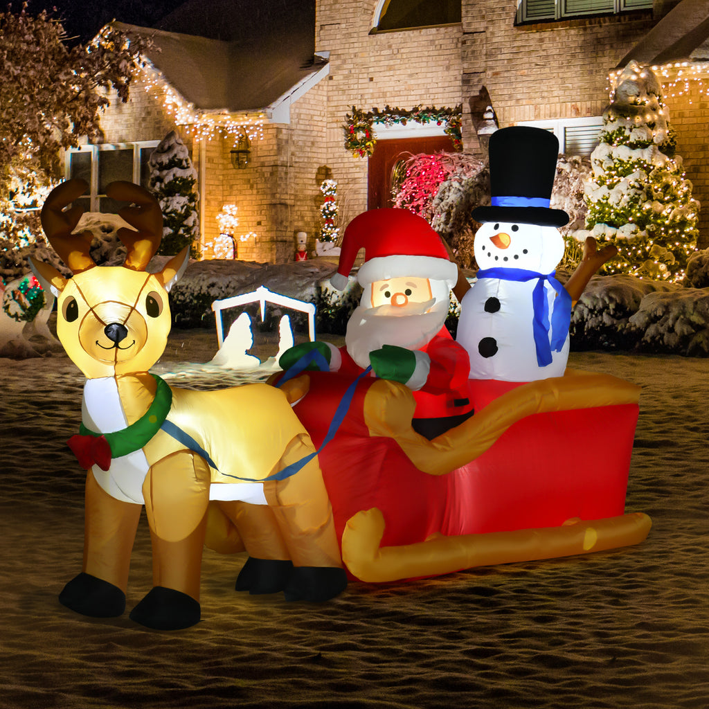 Père Noël gonflable avec traîneau et rennes 200 cm 5 lumières LED décoration de Noël intérieure et extérieure rouge-9
