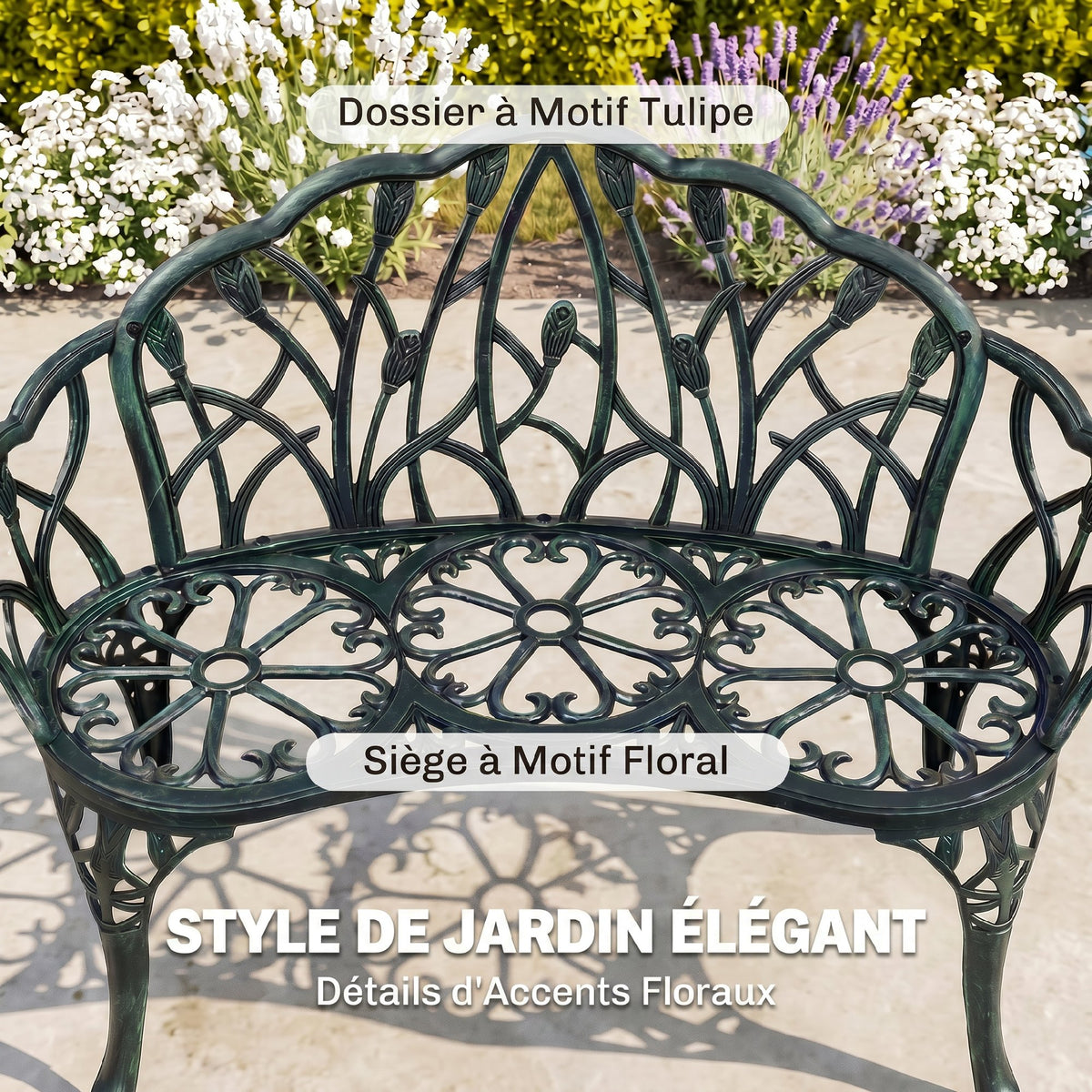 Banc de jardin en aluminium moulé, banc extérieur 2 places avec dossier tulipe, assise florale, 99x57x78cm, vert antique-3