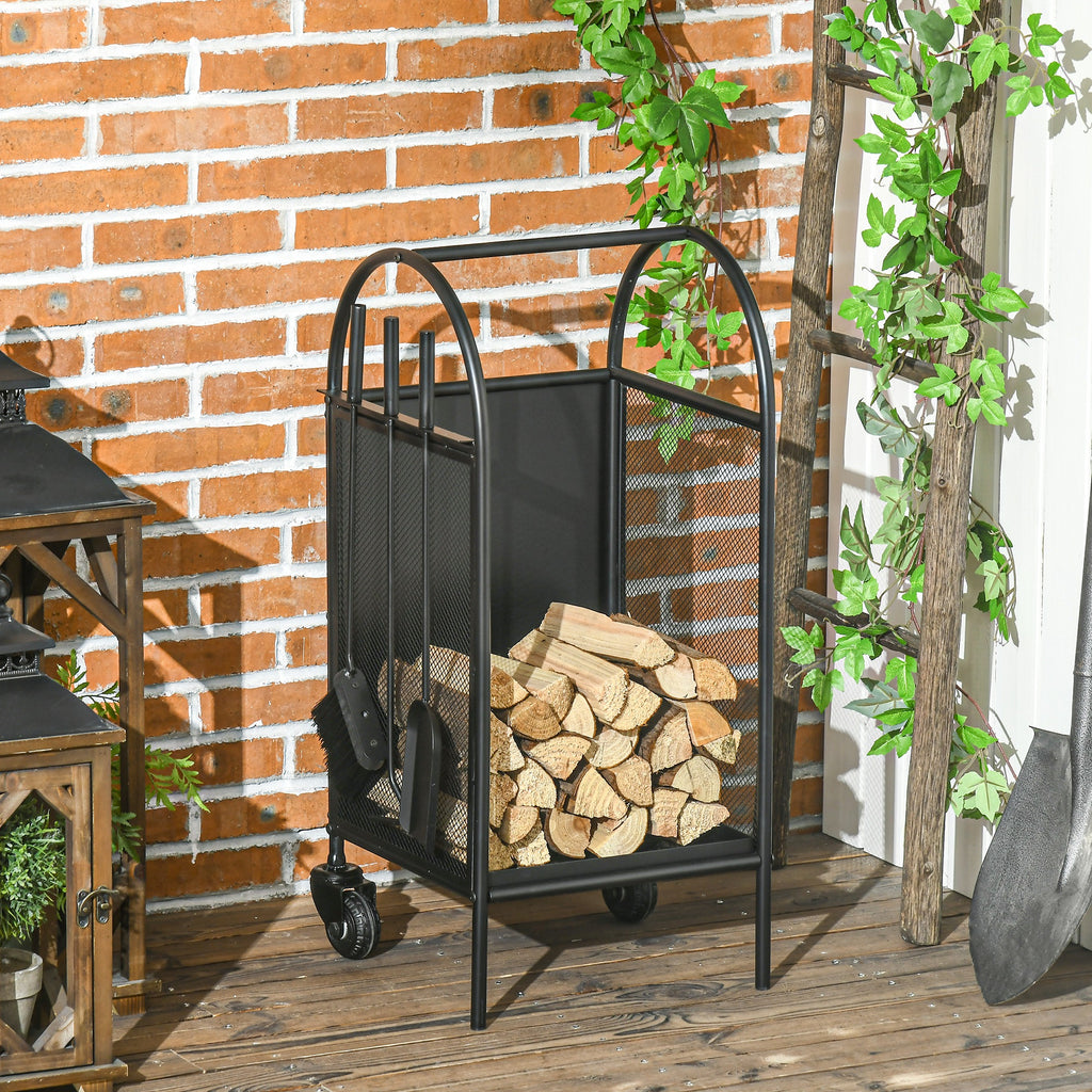 Range-bûches porte bûches sur roulettes avec accessoires pelle balai et tisonnier 37,5 x 37,5 x 80 cm noir-1