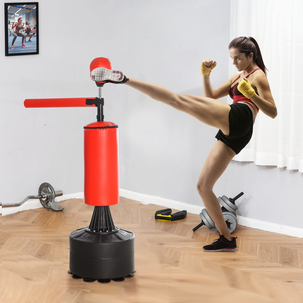 Sac de frappe sur pieds punching ball brunier 3 en 1 avec ballon de vitesse bras flexible rotatif hauteur réglable revêtement synthétique base HDPE dim. 88L x 48l x 155-205H cm noir rouge-6