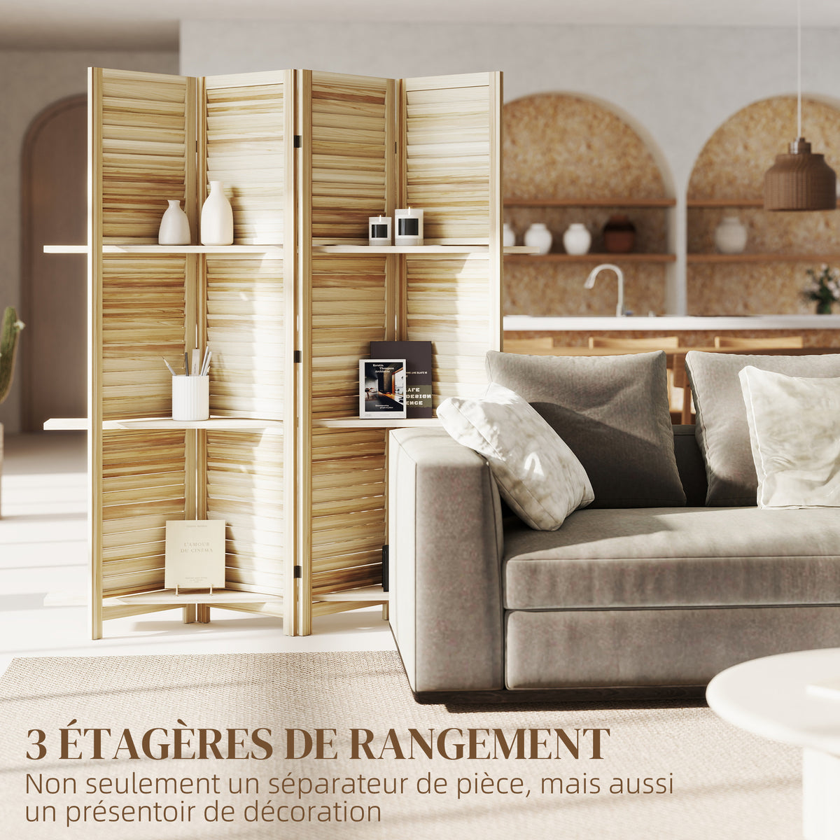 Paravent intérieur en bois 4 panneaux 160 x 170 cm, séparateur de pièce pliable avec 3 étagères, bois naturel-3