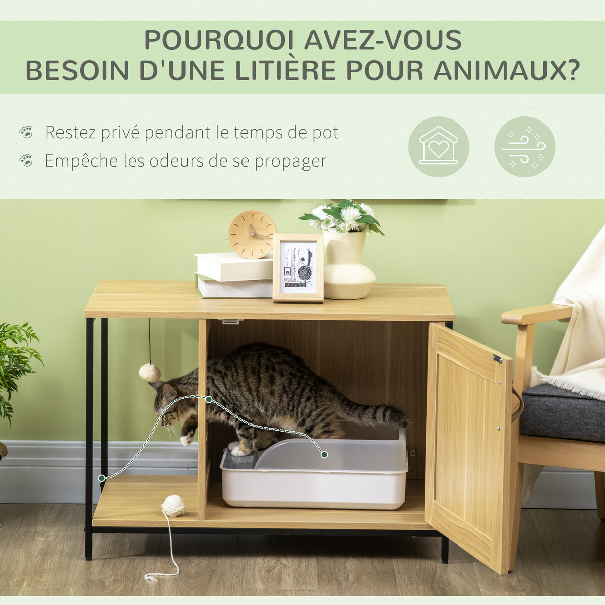 Maison de toilette pour chat style industriel porte entrée latérale boule suspendue châssis acier aspect bois clair-6