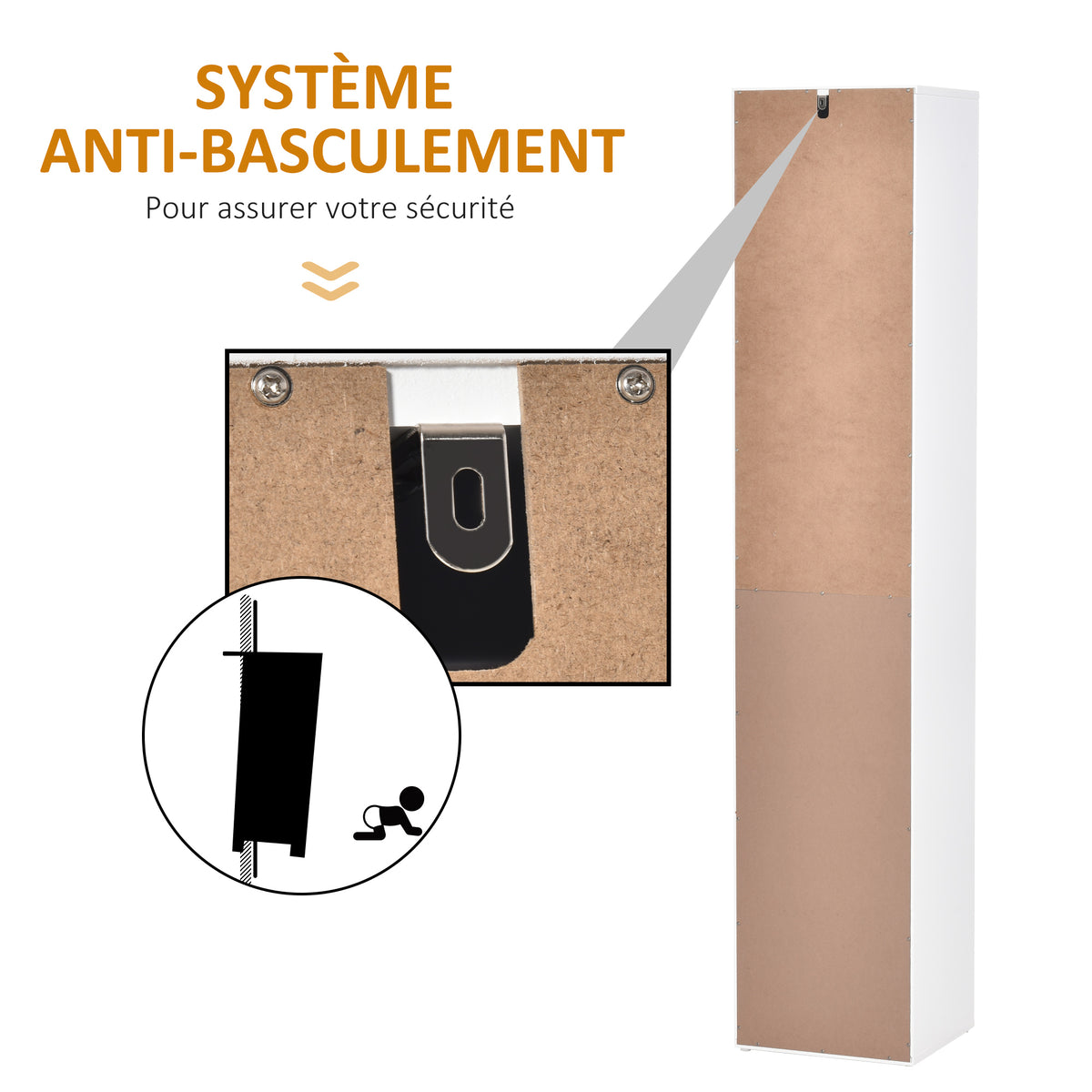 Meuble Colonne Rangement Salle de Bain Style Contemporain 2 placards 3 étagères et tiroir Coulissant Panneaux Particules Blanc-7