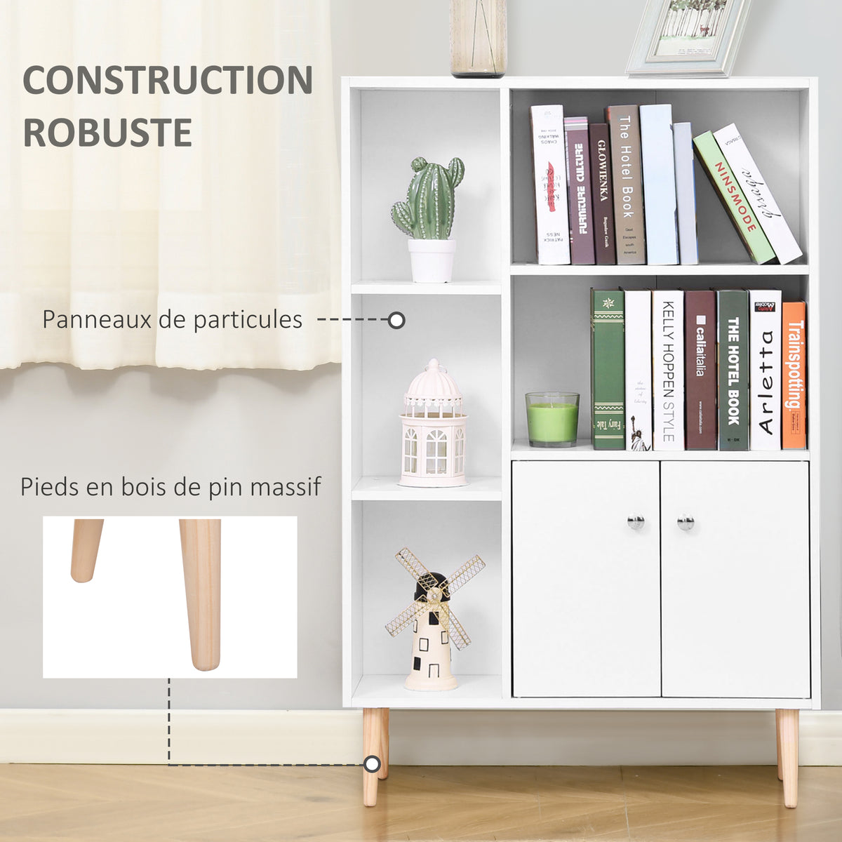 Bibliothèque scandinave meuble de rangement dim. 80L x 23,5l x 123H cm 5 niches placard 2 portes pieds effilés inclinés bois massif panneaux particules blanc-4