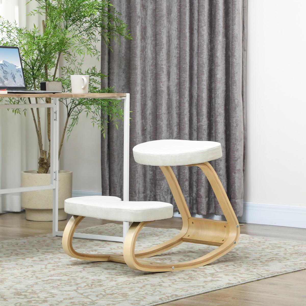 Siège assis genoux, siège ergonomique en bois à bascule, chaise à genoux pour bureau à domiciles, crème-9