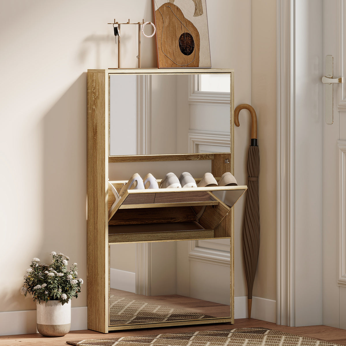 Meuble à chaussures 9 paires, armoire à chaussures étroite, 3 tiroirs rabattables portes miroirs, 65x17x114,5cm naturel-9