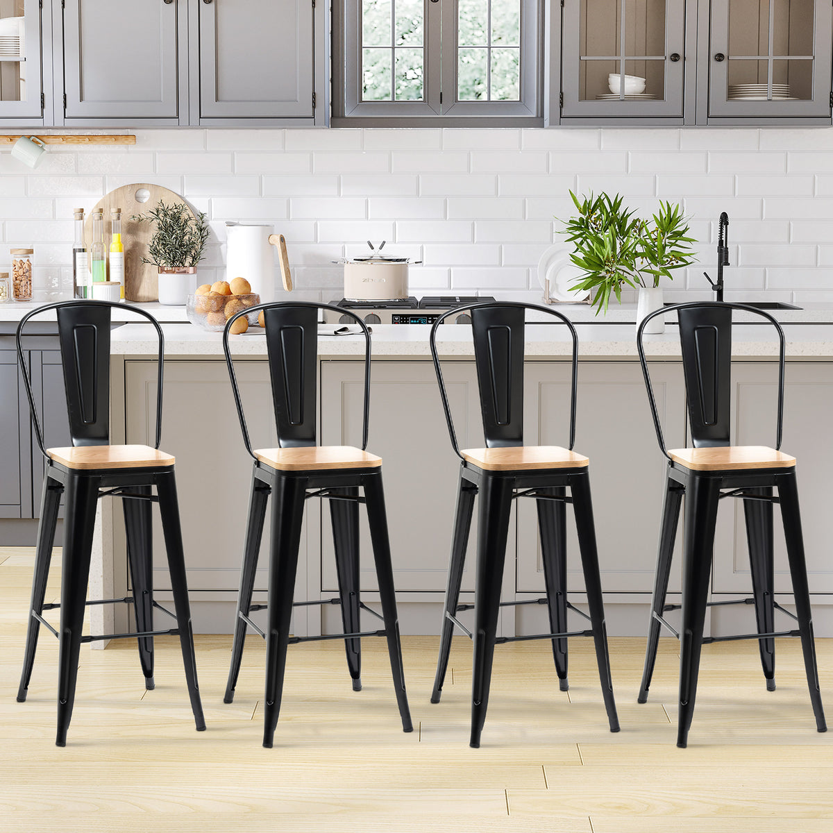Lot de 4 tabourets de Bar Industriel avec Dossier Repose-Pied Hauteur Assise 76 cm métal noir Panneaux Multicouches Imitation Bois Clair-1