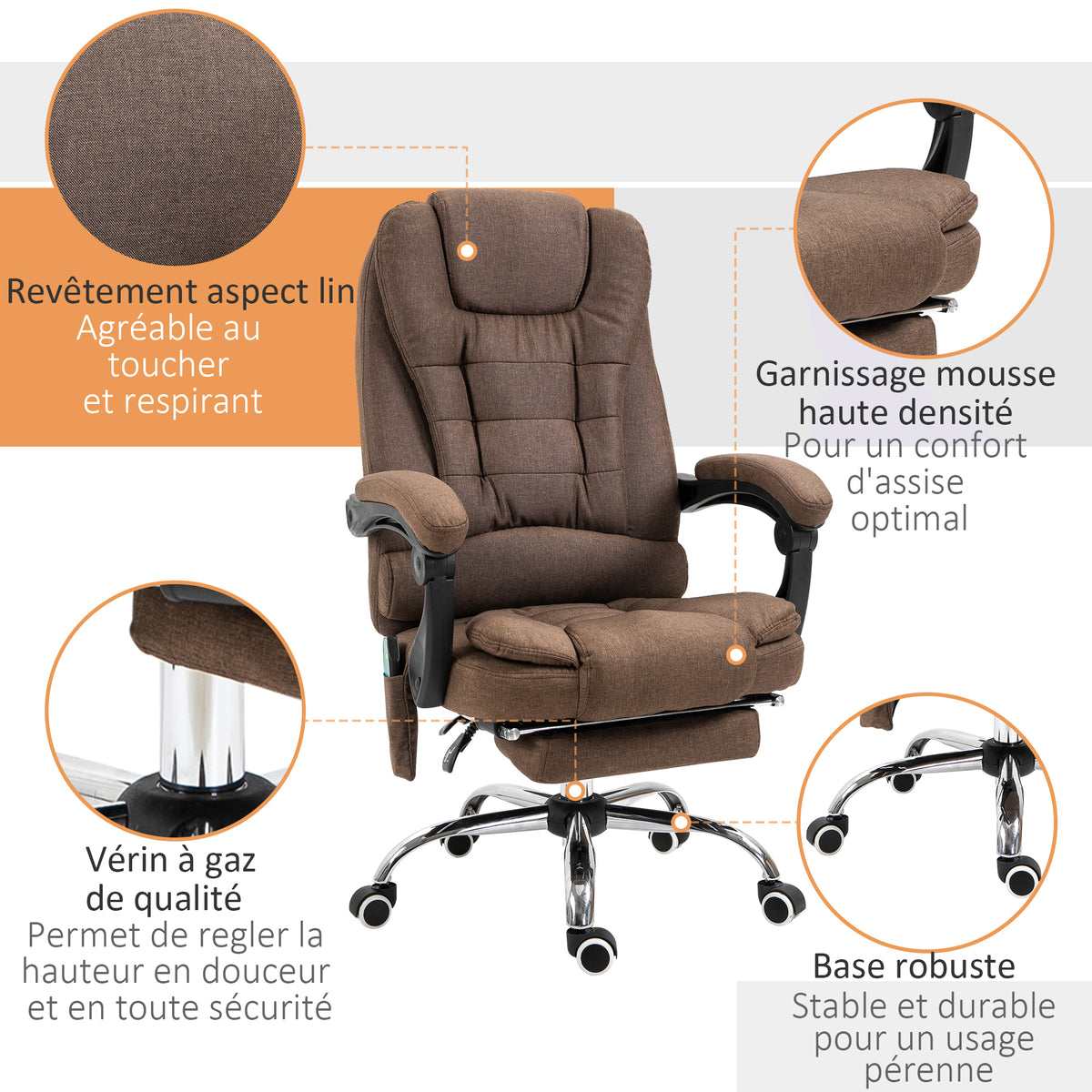 Fauteuil de bureau direction massant chauffant hauteur réglable dossier inclinable repose-pied + coussin lombaires-7