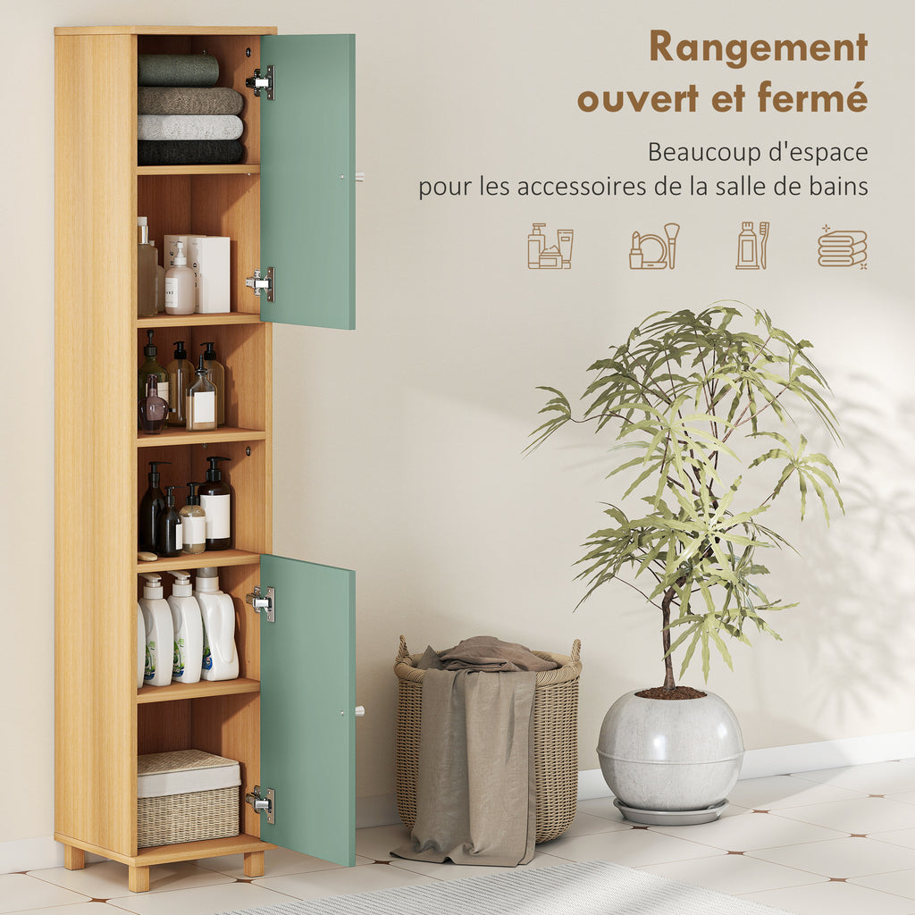 Meuble de salle de bain meuble de rangement 2 placards 2 compartiments ouverts étagères réglables 30 x 30 x 166 cm, vert-3