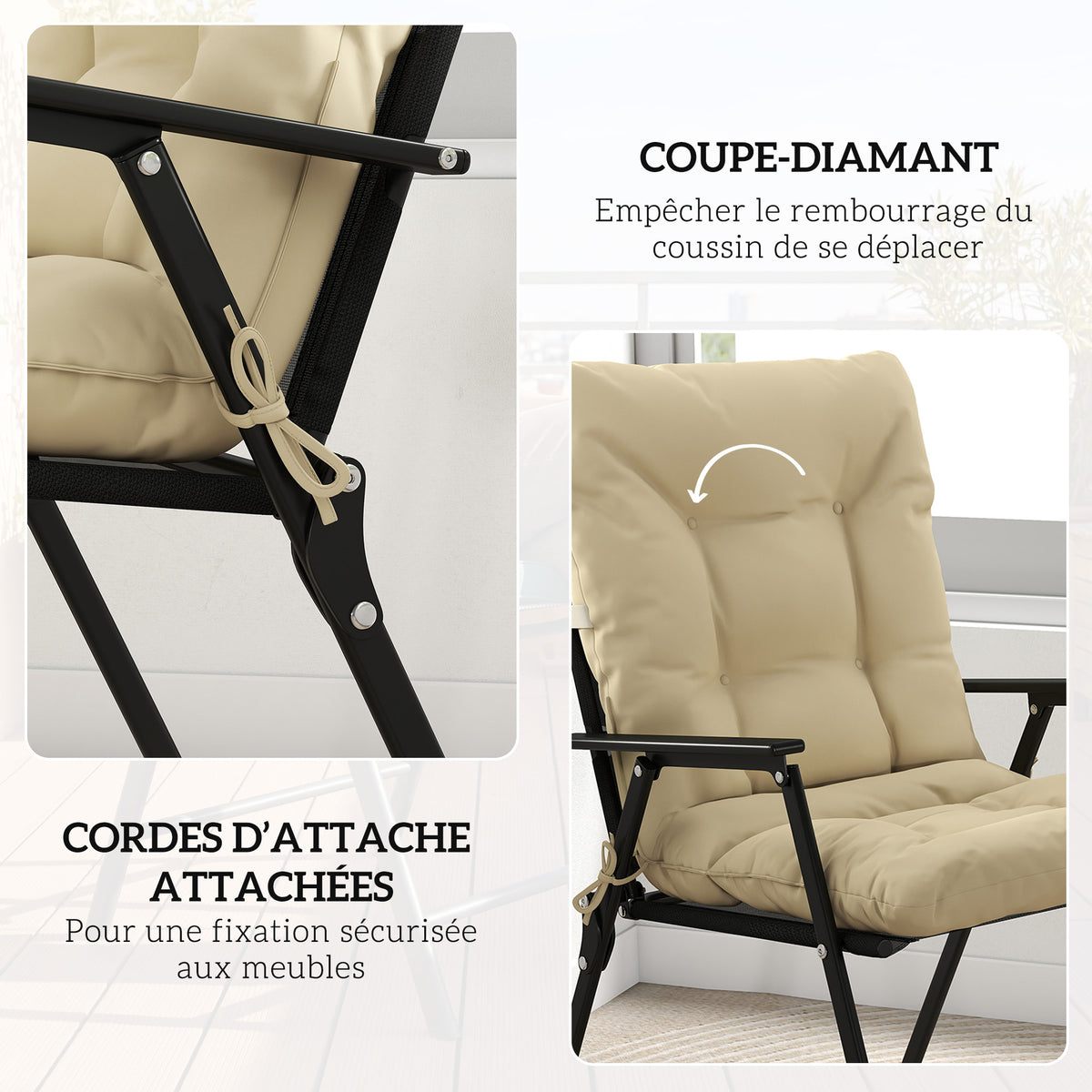 Lot de 2 coussins de chaise d'extérieur, coussins de jardin avec attaches, intérieur et extérieur, 120 x 50 x 8 cm, beige-4