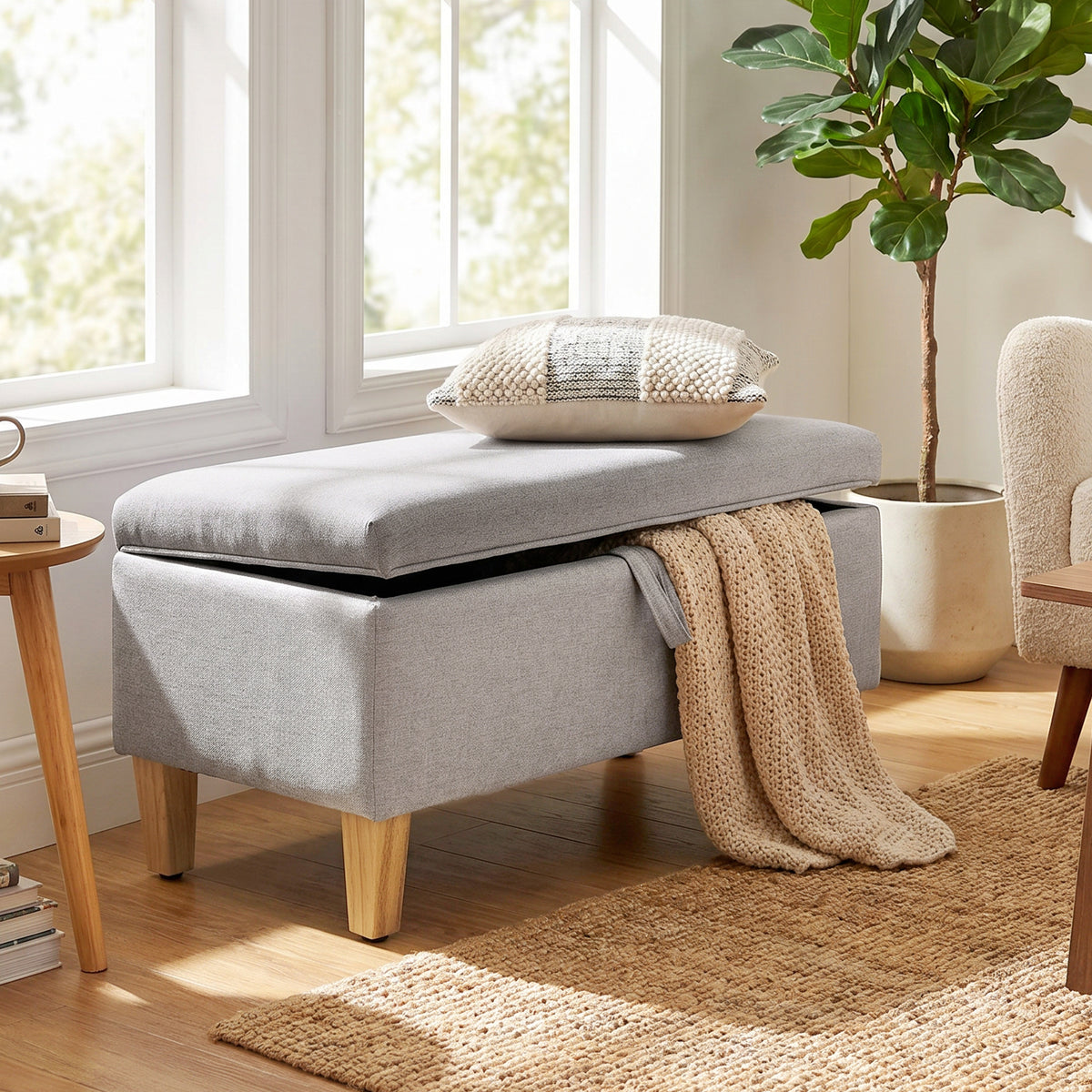 Banc de rangement, bout de lit, repose-pieds rembourré en lin avec pieds en bois de caoutchouc, 71x37x36cm, gris clair-1