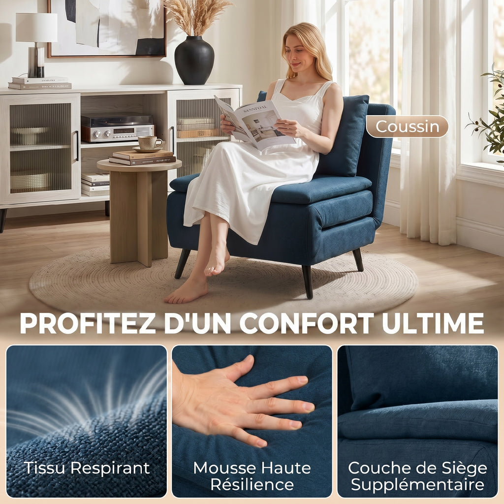 Fauteuil Convertible 1 Place, Fauteuil-Lit Clic-Clac 3 en 1 avec Dossier Réglable, Oreiller, Assise Large, Bleu-5