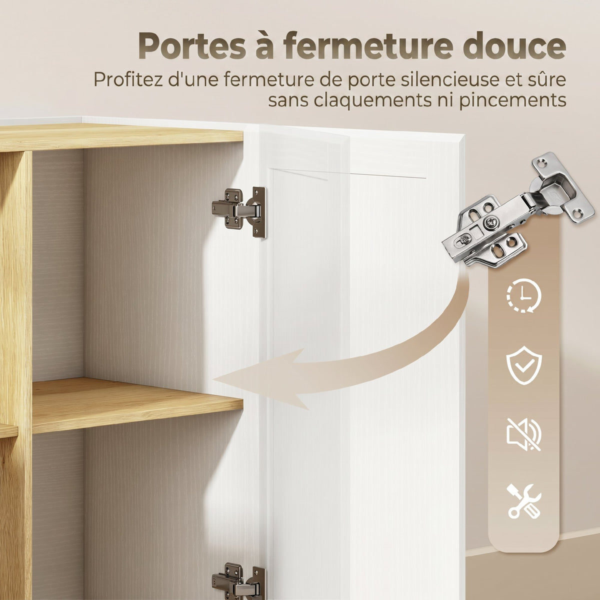 Buffet Cuisine, Meuble de Rangement avec 2 Portes et 2 Étagères Ouvertes, 133 x 35 x 79,7 cm, Bois Naturel et Blanc-4