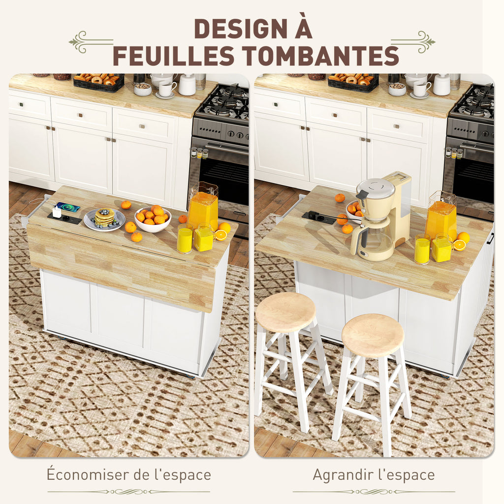 Îlot central cuisine mobile avec prise de courant et port USB, tablette à abattant, étagère réglable blanc-3