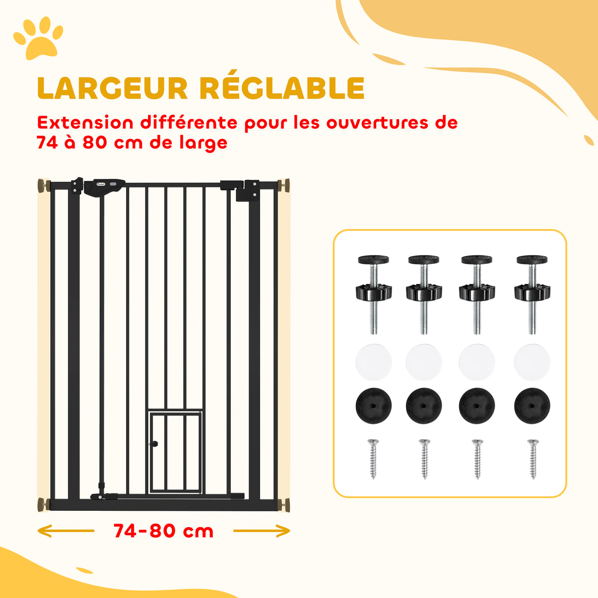 Barrière de sécurité animaux de 104H cm conception haute avec porte chat fermeture automatique système de double verrouillage sans percage de 74 à 80 cm acier noir-3
