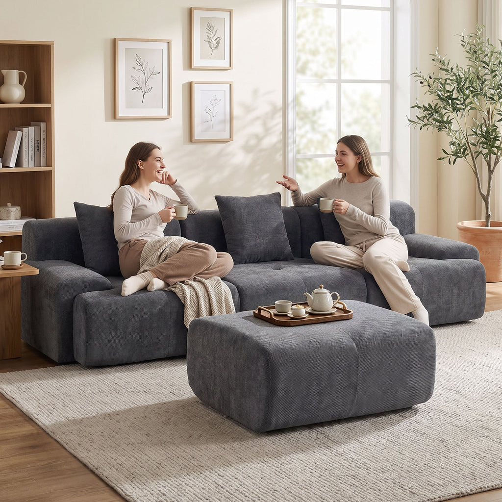 Canapé d'Angle Modulable 3 Places avec Pouf en Chenille, Canapé Compressé 300 cm avec Assise Profonde, 3 Coussins, Gris-4