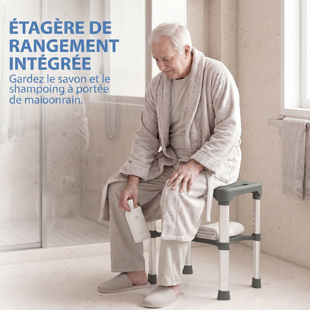 Tabouret de Douche Hauteur Ajustable avec Étagère Intégrée et Barre d'Appui à Ventouse pour Seniors et Handicapés, Gris-4