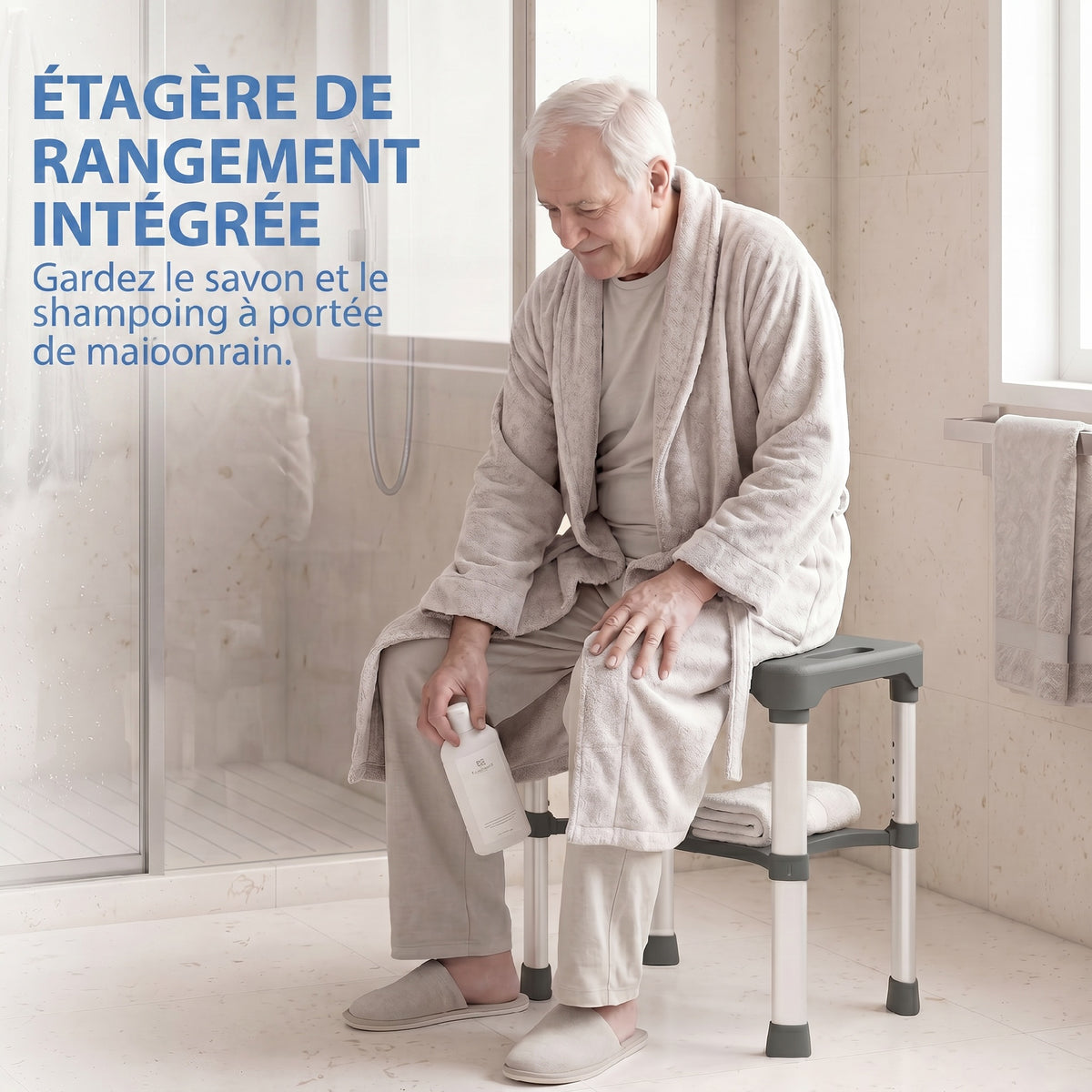 Tabouret de Douche Hauteur Ajustable avec Étagère Intégrée et Barre d'Appui à Ventouse pour Seniors et Handicapés, Gris-4