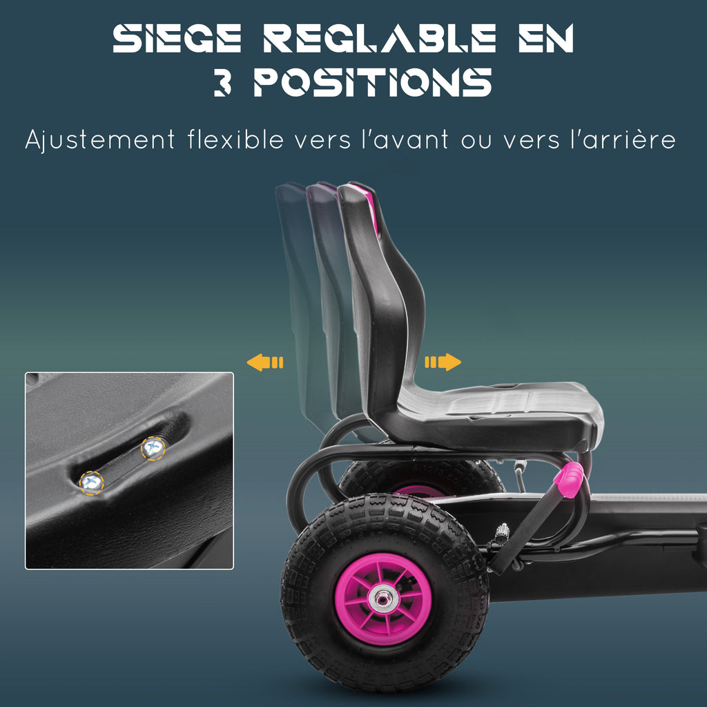 Kart à pédales pour enfant siège réglable 3 positions frein à main enfant de 5 à 12 ans rose noir-3