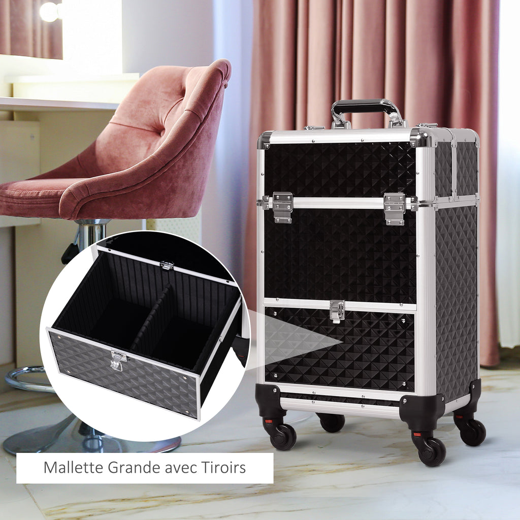 Valise trolley maquillage mallette cosmétique vanity poignée télescopique réglable 34L x 25l x 62H cm alu. noir-5