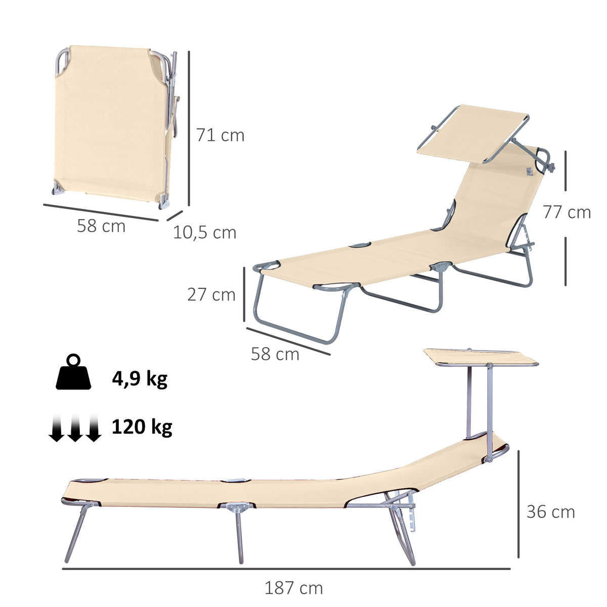 Transat Bain de Soleil Pliable Chaise Longue Pliante Dossier Inclinable Multi-positions et Pare-Soleil réglable-2