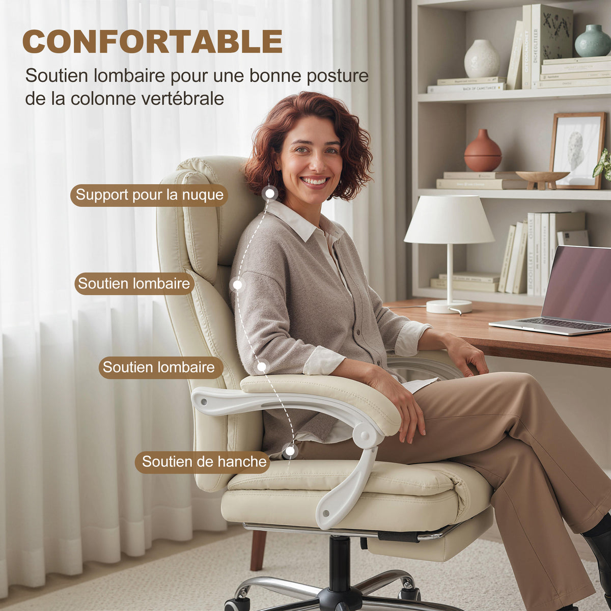 Chaise bureau ergonomique, fauteuil de bureau avec dossier inclinable, hauteur réglable, 64x73x112-120cm, beige-3