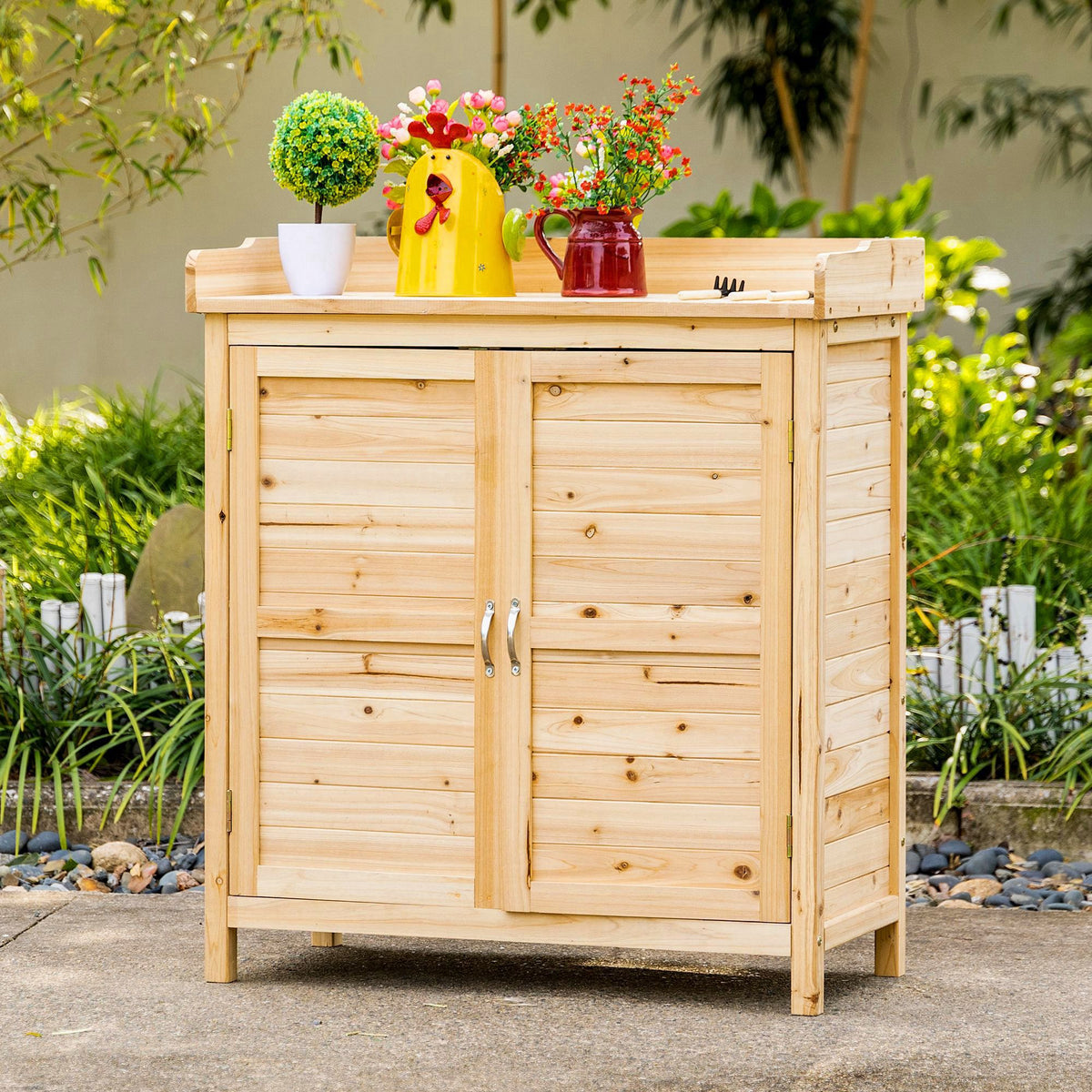 Armoire de jardin remise pour outils sur pied placard avec double porte et étagère interne en bois massif sapin pré-huilé dim. 83L x 40l x 92H cm naturel-1