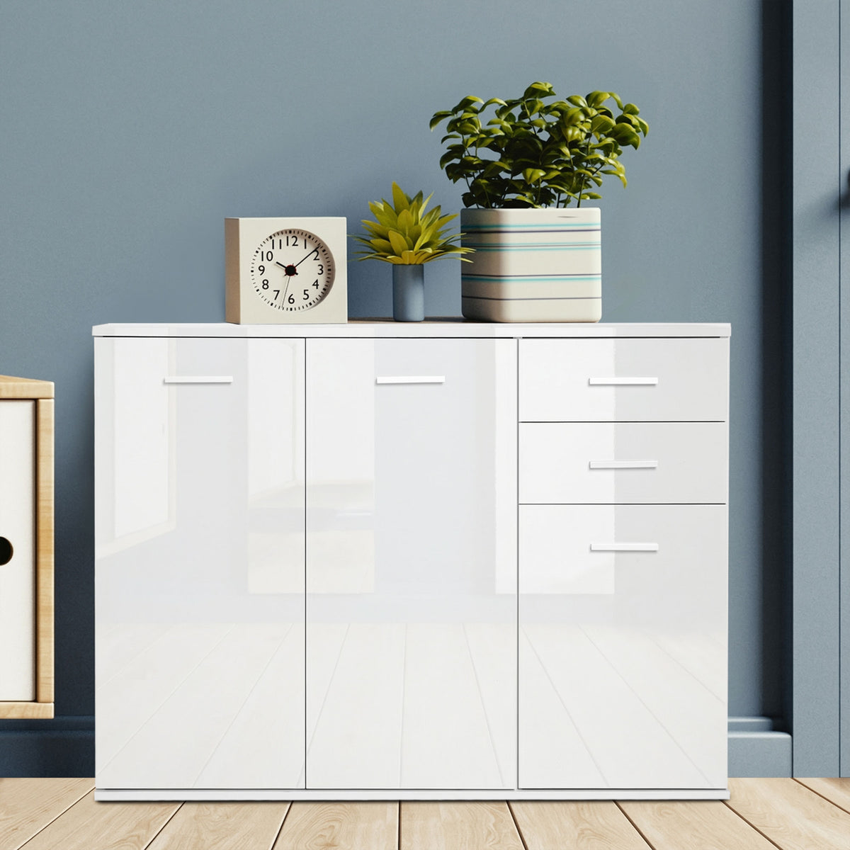 Buffet salon à haut brillance, meuble de rangement avec 2 tiroirs, 3 portes et étagère réglable, style contemporain, buffet salle à manger et cuisine, 106 x 35 x 76 cm, blanc-9