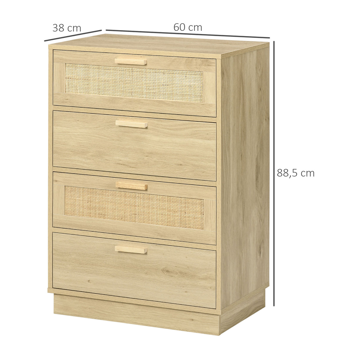 Commode design bohème en rotin avec 4 tiroirs, meuble de rangement pour le salon, le couloir, l'entrée, bois naturel-2