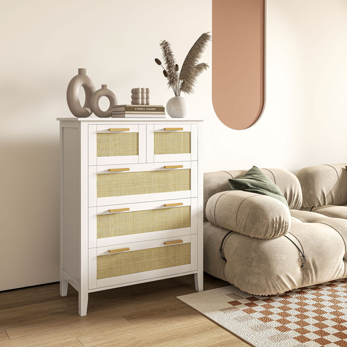 Commode 5 tiroirs poignées en bois massif glissières en métal pour bureau salon chambre à coucher 77 x 37 x 104 cm blanc-1