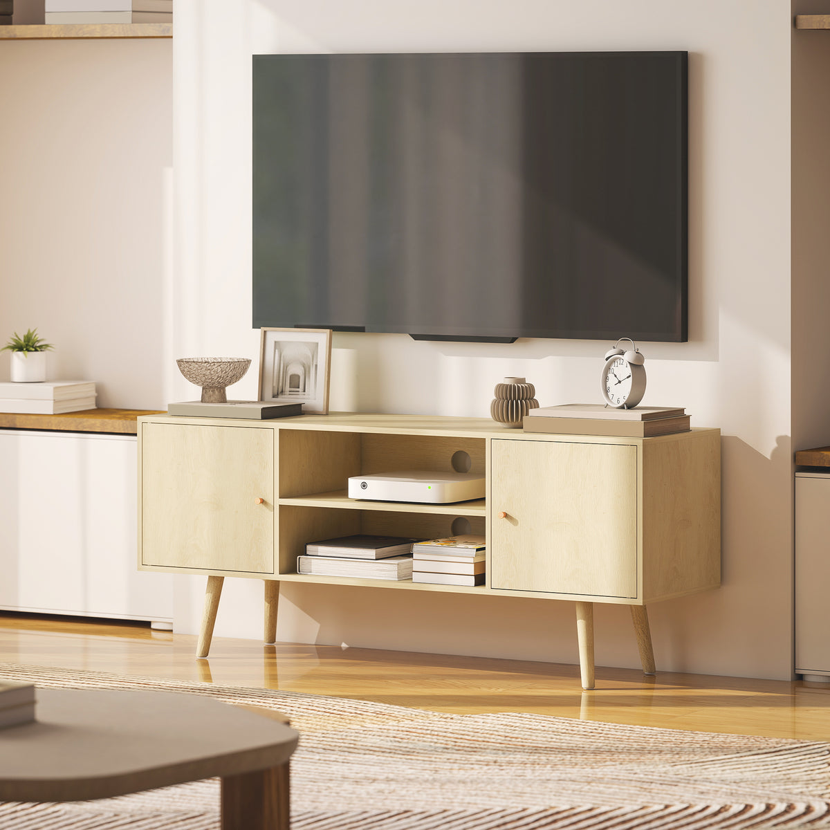 Meuble TV meuble télé pour téléviseur jusqu'à 55 pouces 2 placards et 2 étagères ouvertes 120x34x50cm effet bois naturel-7
