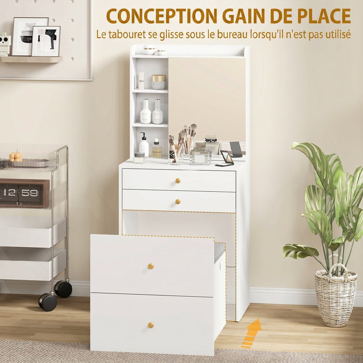 Coiffeuse avec miroir et tabouret de rangement mobile, table de maquillage, tiroirs, placard et étagères ouvertes, blanc-3