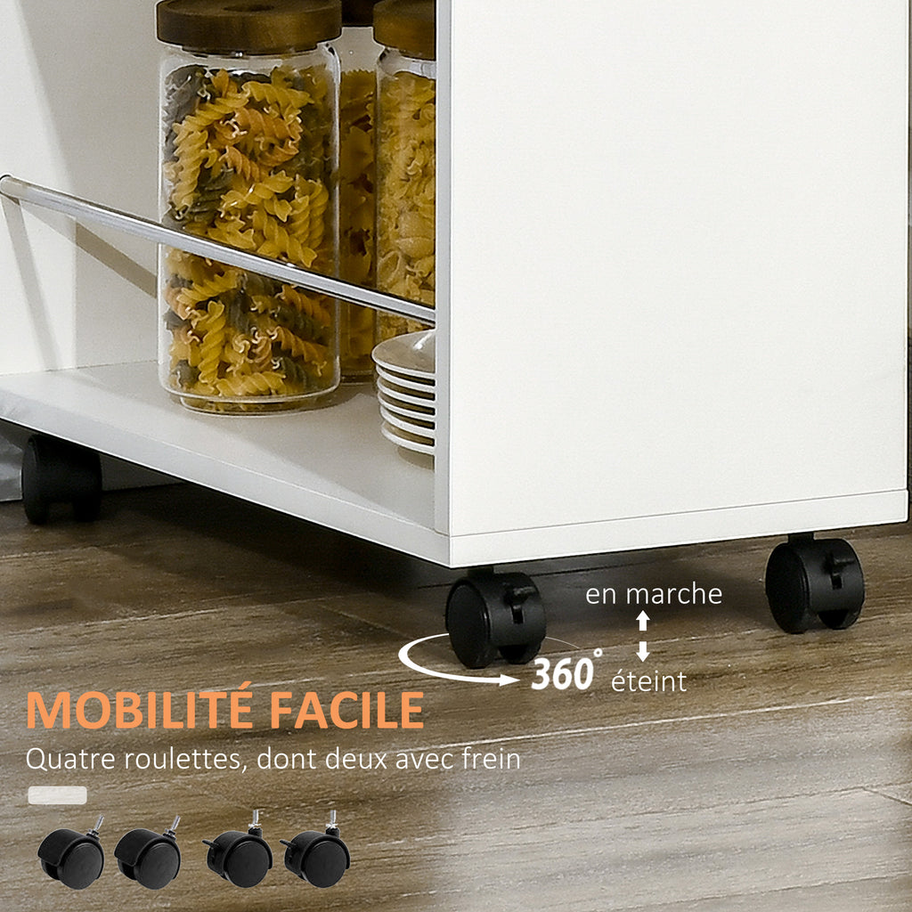Chariot de cuisine avec 1 tiroir et 2 étagères ouvertes sur roulettes pour 25 x 50 x 85 cm Blanc-5