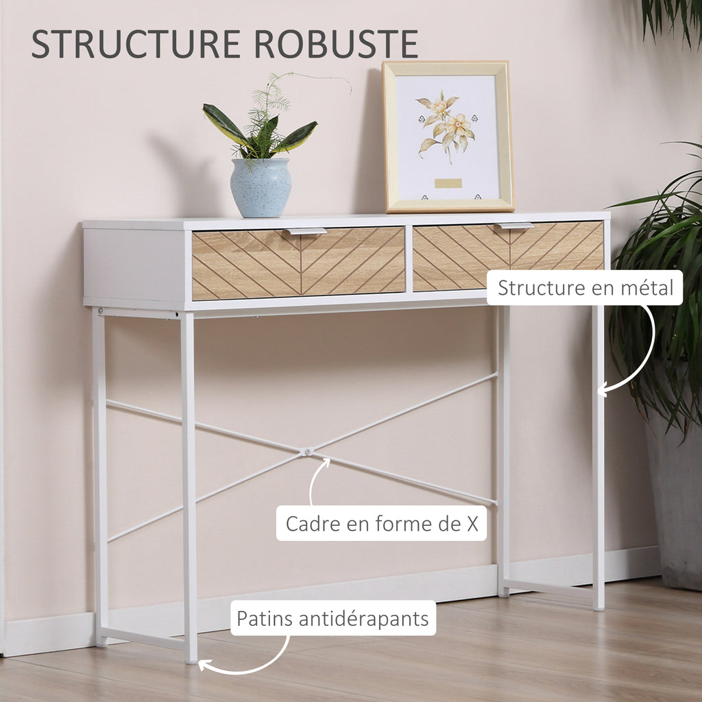 Table Console Industriel 2 tiroirs Aspect Bois de chêne sculpté Motif à Chevrons piètement métal Blanc-4