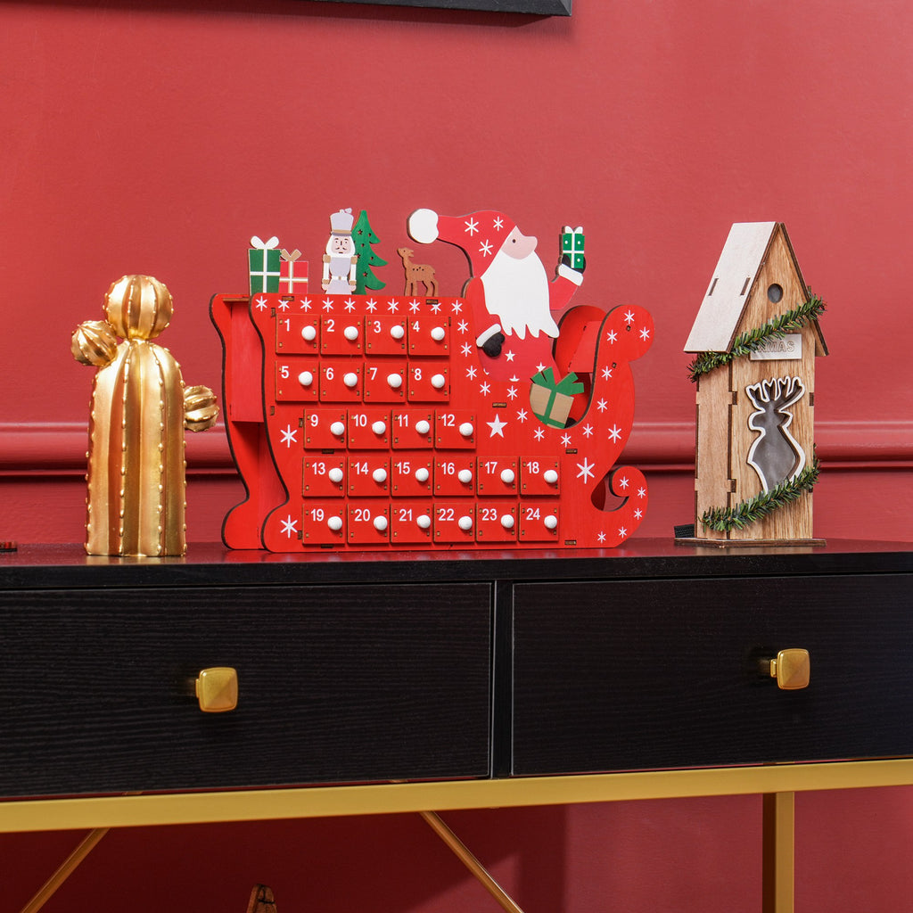 Calendrier de l'Avent à remplir en bois, décoration de Noël avec 24 tiroirs, Père Noël et traîneau, 22,5x8x36cm, rouge-9