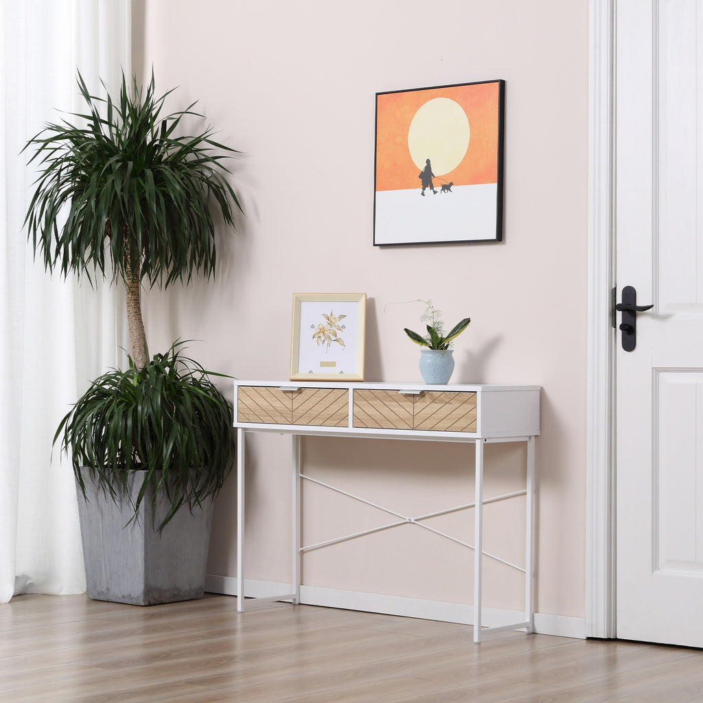 Table Console Industriel 2 tiroirs Aspect Bois de chêne sculpté Motif à Chevrons piètement métal Blanc-9