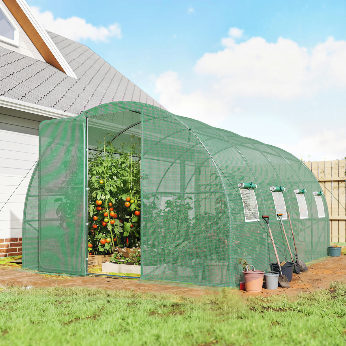 Serre tunnel de jardin 12m², serre de jardin tunnel 295x400x200cm porte et 8 fenêtres, bâche PE 140 g/m² vert-1