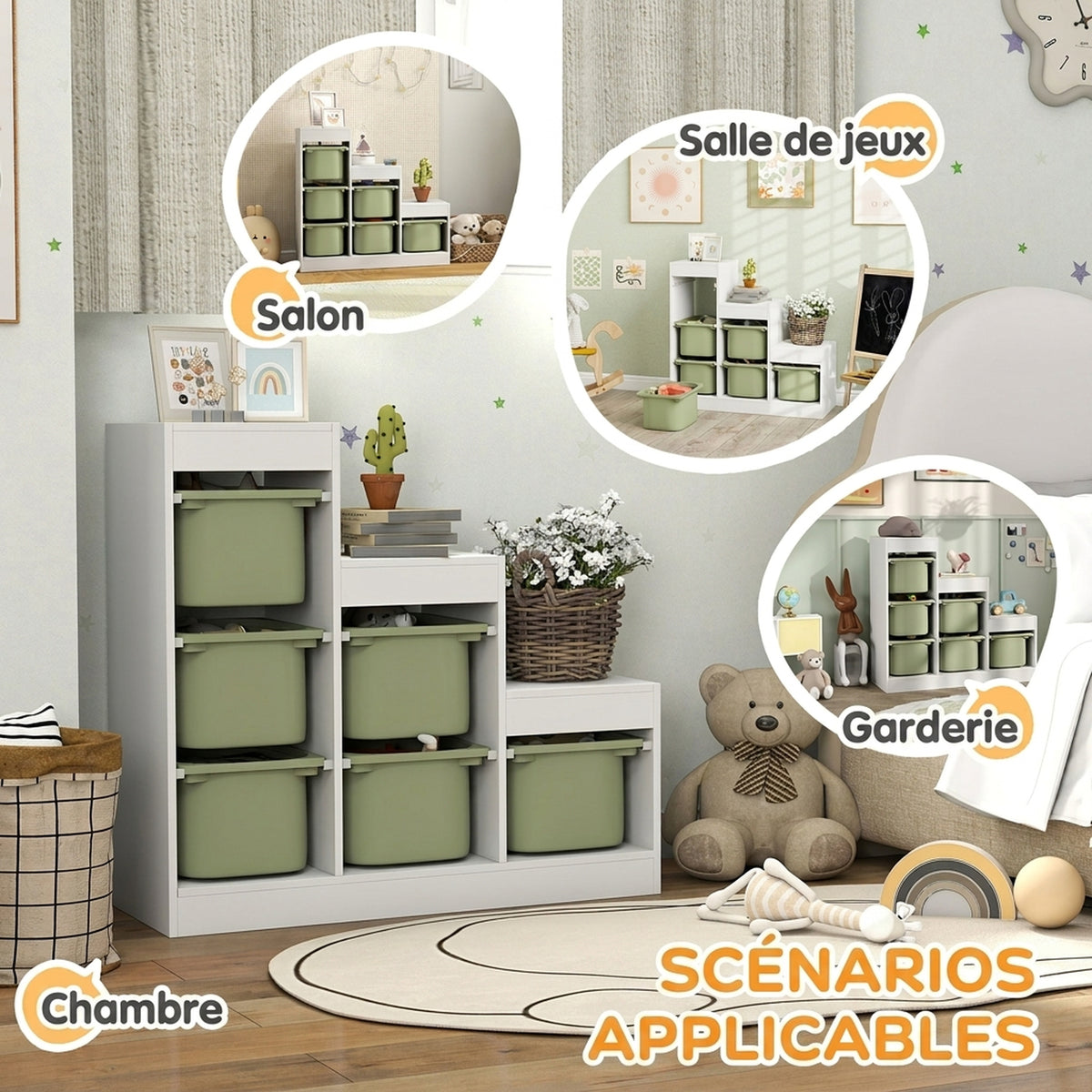 Meuble de rangement pour jouets des enfants avec 6 bacs amovibles, 3 niveaux de rangement, 96 x 38,5 x 90, vert-4