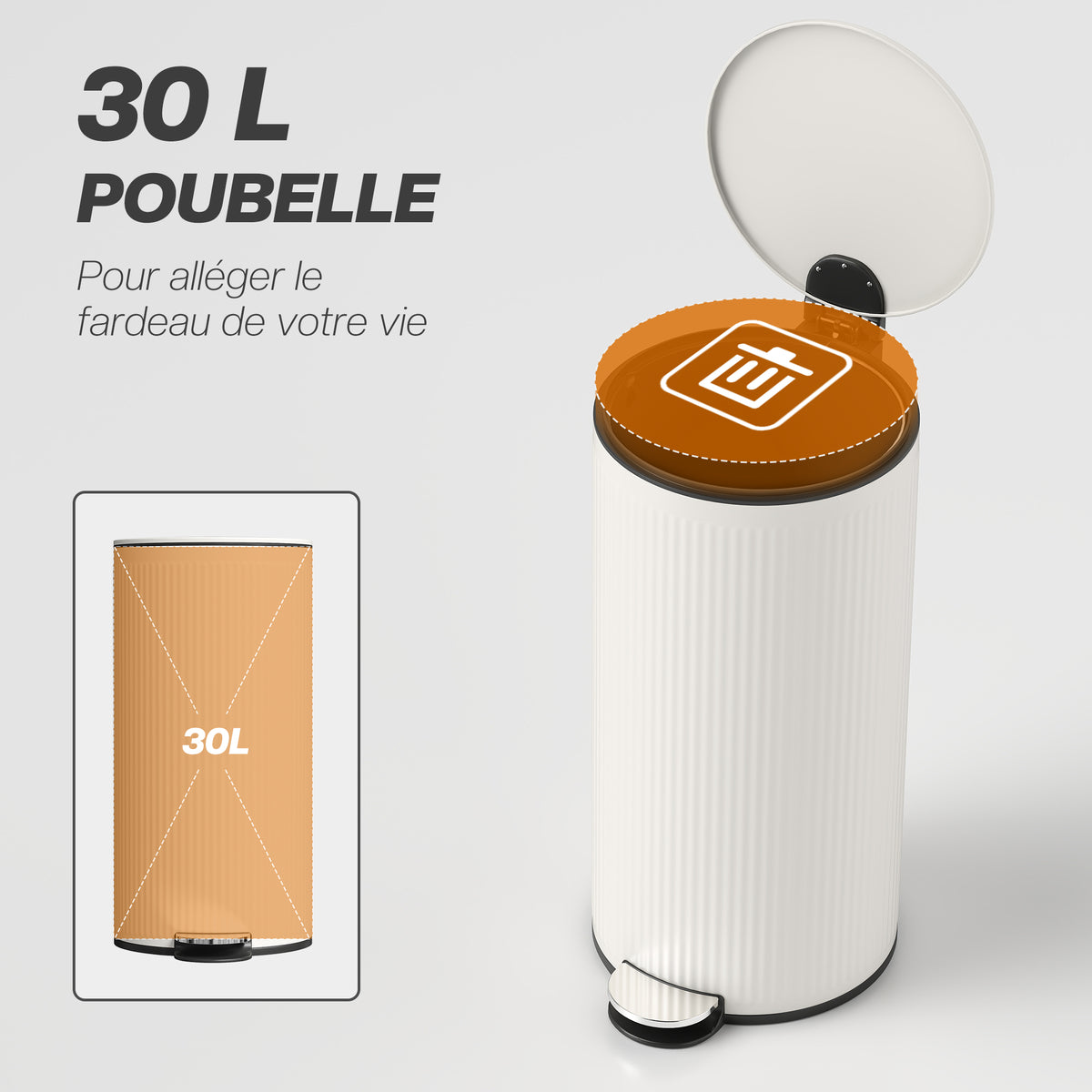 Poubelle cuisine 30L, poubelle à pédale avec seau intérieur amovible, couvercle à fermeture douce, 36x30x60,5cm, crème-3