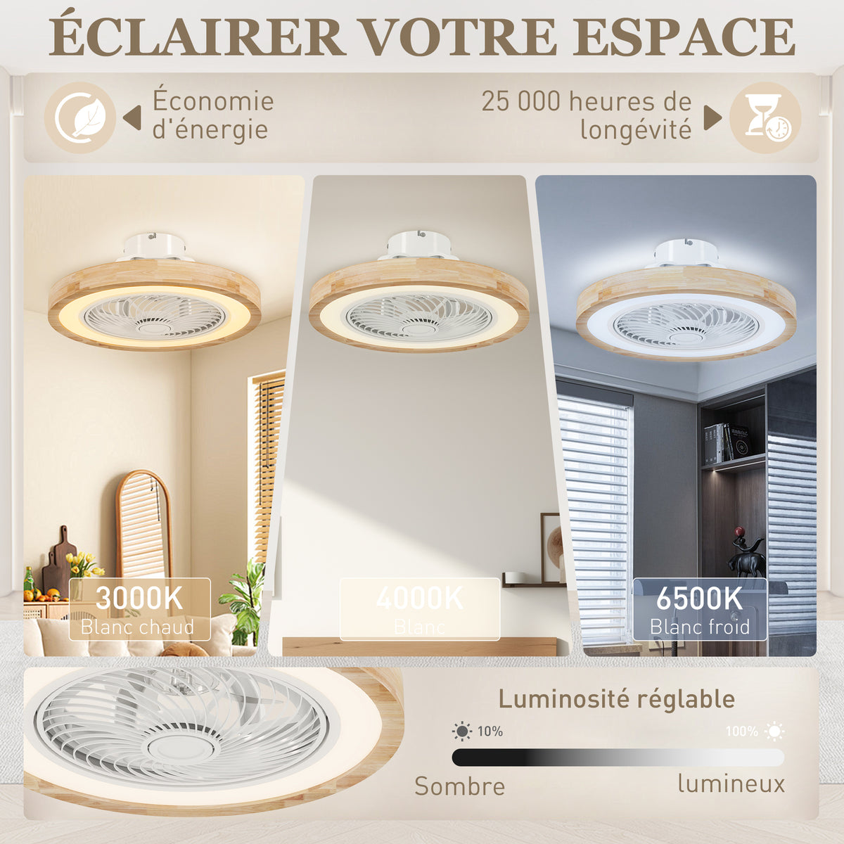 Ventilateur de plafond réversible avec lumière et télécommande 6 vitesses, minuterie, luminosité réglable, bois naturel-3