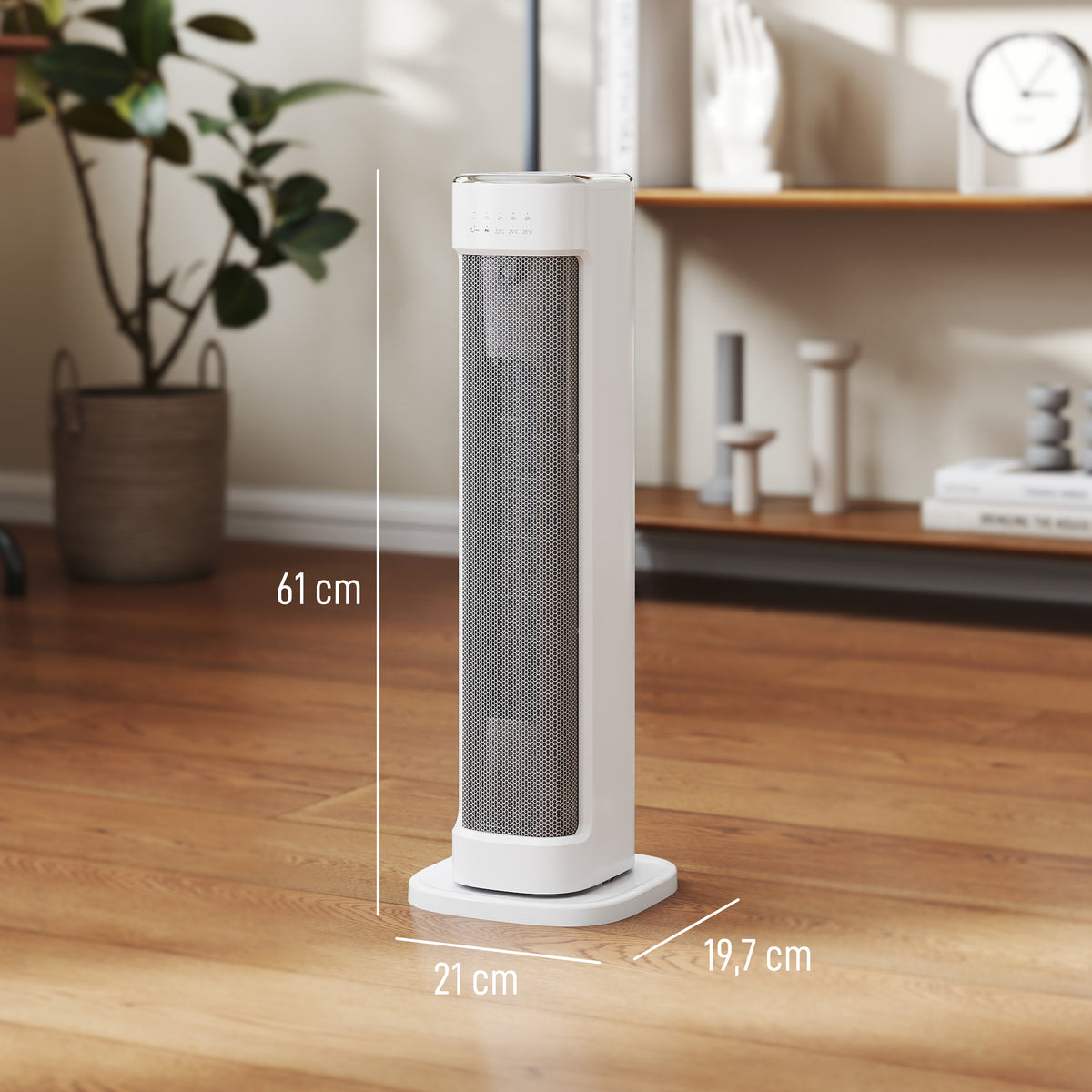 Chauffage d'appoint céramique PTC, radiateur électrique 2000 W avec thermostat réglable, minuterie, 21x19,7x61cm, blanc-2