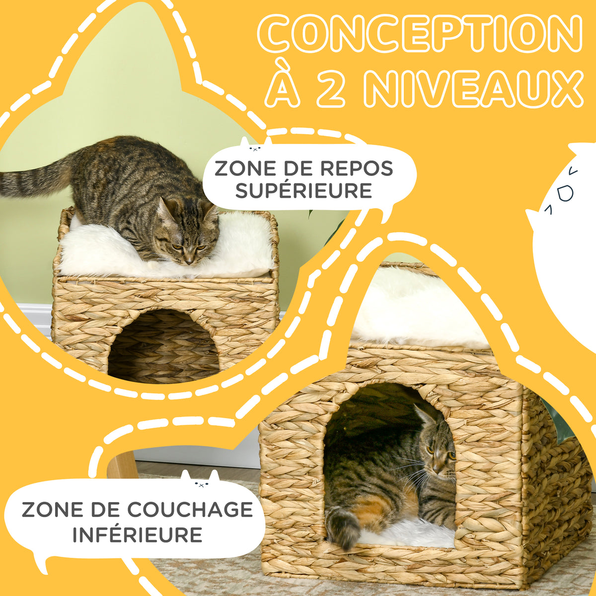 Niche pour chat 2 niveaux avec 2 coussins en jacinthe d'eau - 37,5 x 37,5 x 41,5 cm marron crème-4
