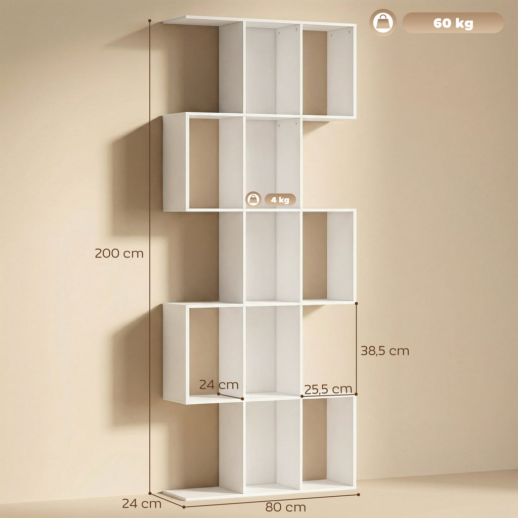Bibliothèque à 5 niveaux, étagère de rangement en forme S avec 15 compartiments ouverts, 80 x 24 x 200 cm, blanc-2